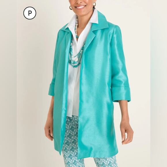 Chico's Petite Two-Layer Shantung Jacket Formal Business Taffeta Teal Size 00P - Picture 2 of 13